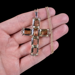 Antique Victorian Citrine Cross Pendant And Chain 15ct Gold