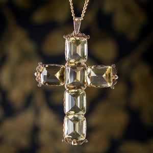 Antique Victorian Citrine Cross Pendant And Chain 15ct Gold