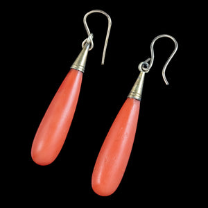 Antique Victorian Coral Drop Earrings 18ct Gold