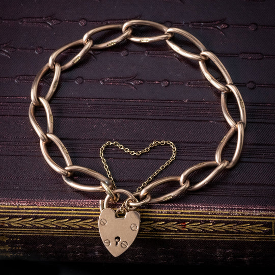Antique Victorian Curb Bracelet 9ct Gold With Heart Padlock