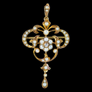 Antique Victorian Diamond Pearl Pendant 15ct Gold