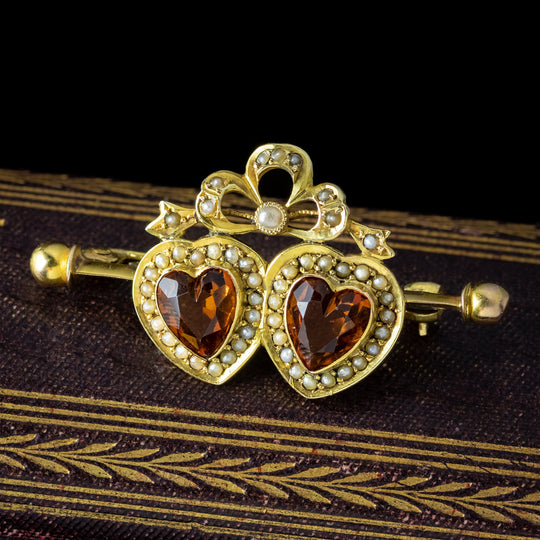 Antique Victorian Entwined Citrine Heart Brooch 18ct Gold