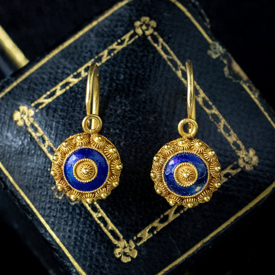 Antique Victorian Etruscan Enamel Earrings 18ct Gold