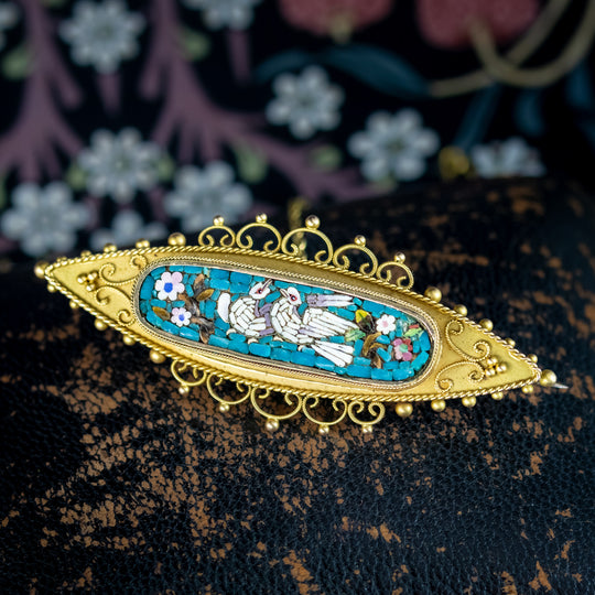 Antique Victorian Etruscan Brooch Micro Mosaic Dove 15ct Gold