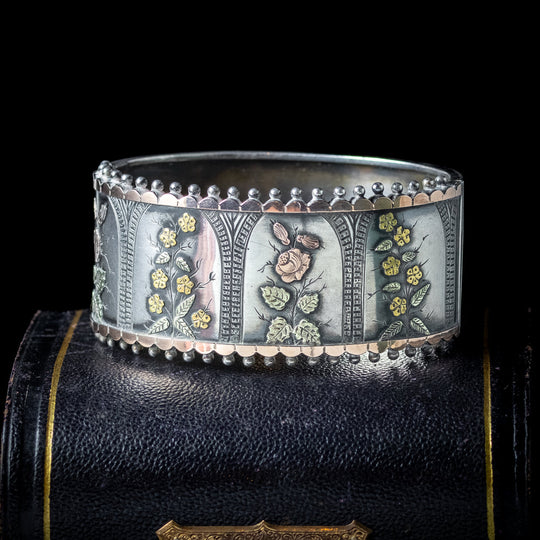Antique Victorian Floral Cuff Bangle Silver Gold