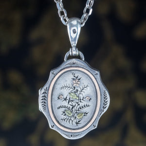 Antique Victorian Floral Locket And Chain Sterling Silver Dated 1881