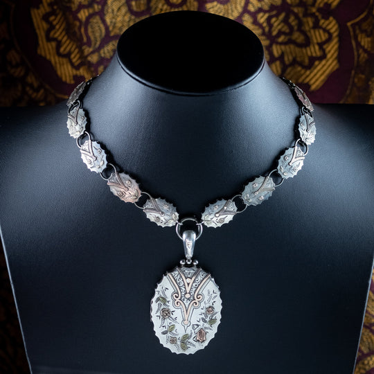 Antique Victorian Floral Locket And Collar Necklace Silver Gold