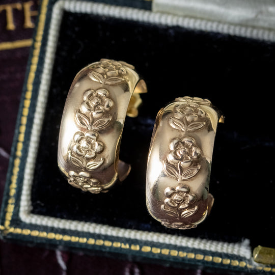 Antique Victorian Forget Me Not Hoop Earrings 15ct Gold