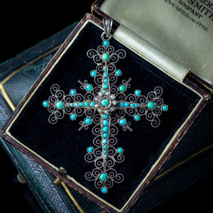 Antique Victorian French Turquoise Pearl Cross Pendant