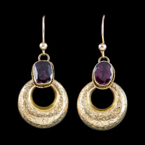 Antique Victorian Garnet Creole Hoop Earrings 15ct Gold