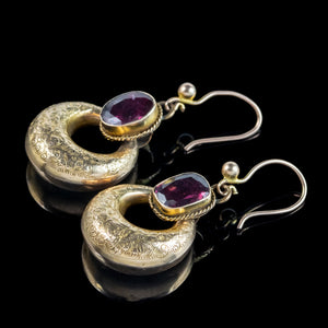 Antique Victorian Garnet Creole Hoop Earrings 15ct Gold