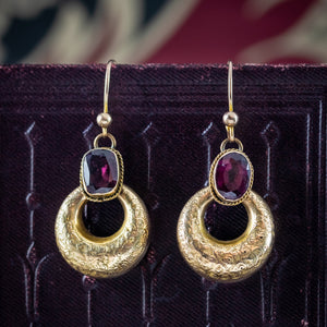 Antique Victorian Garnet Creole Hoop Earrings 15ct Gold