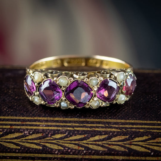 Antique Victorian Garnet Pearl Five Stone Ring Dated 1873