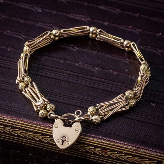 Antique Victorian Gate Bracelet 9ct Gold With Heart Padlock