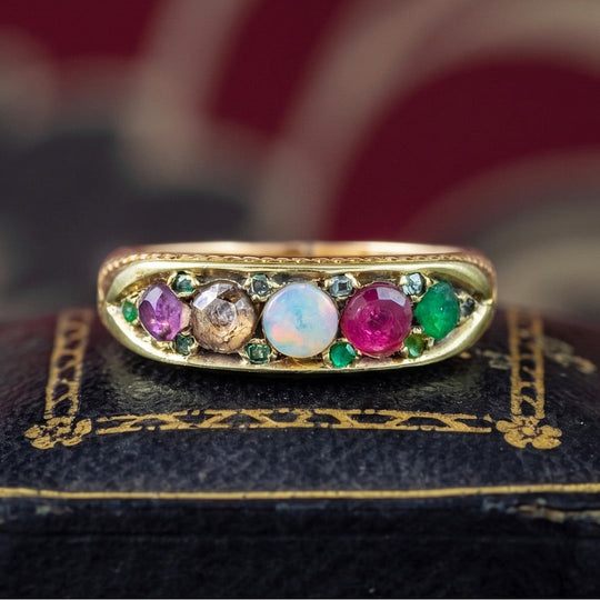 Antique Victorian Gemstone Acrostic Ring Spells Adore Dated 1896