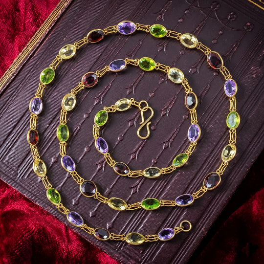 Antique Victorian Harlequin Gemstone Necklace Silver Gold Gilt 23 Inch