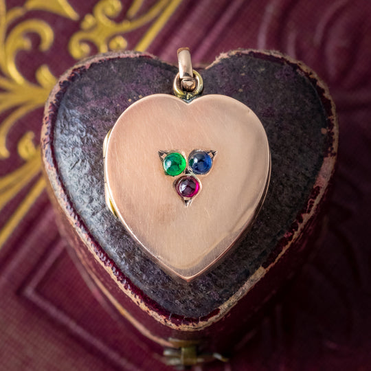 Antique Victorian Heart Locket Ruby Sapphire Emerald 9ct Gold
