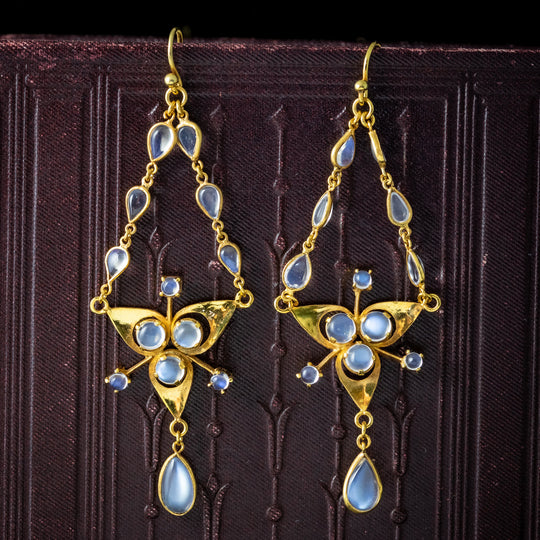 Antique Victorian Moonstone Chandelier Earrings Silver 18ct Gold Cased