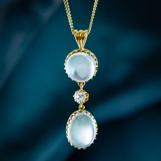 Antique Victorian Moonstone Pendant Necklace 18ct Gold 9ct Chain