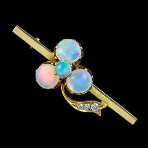 Antique Victorian Opal Diamond Shamrock Bar Brooch 18ct Gold