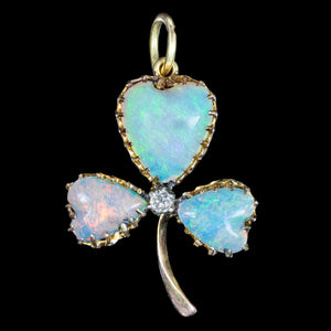 Antique Victorian Opal Diamond Shamrock Pendant 15ct Gold