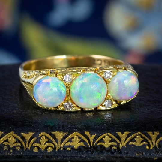 Antique Victorian Opal Diamond Trilogy Ring 1.5ct Of Natural Opal