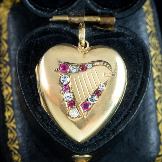 Antique Victorian Paste Celtic Harp Heart Locket 9ct Gold Back And Front