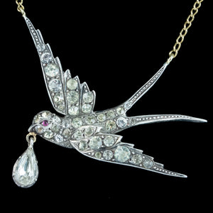 Antique Victorian Paste Swallow Lavaliere Necklace Silver 9ct Gold