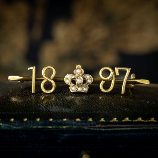 Antique Victorian Pearl Crown Bar Brooch 9ct Gold 1897 Diamond Jubilee