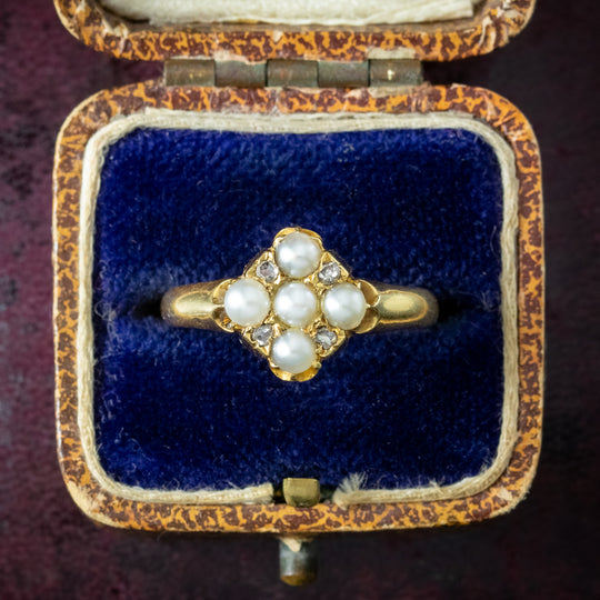 Antique Victorian Pearl Diamond Cluster Ring Dated 1891