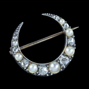 Antique Victorian Pearl Diamond Crescent Moon Brooch Dated 1884