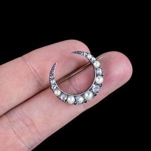 Antique Victorian Pearl Diamond Crescent Moon Brooch Dated 1884