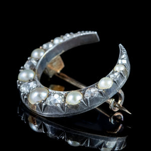 Antique Victorian Pearl Diamond Crescent Moon Brooch Dated 1884