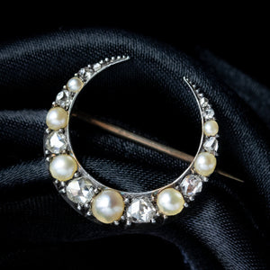 Antique Victorian Pearl Diamond Crescent Moon Brooch Dated 1884