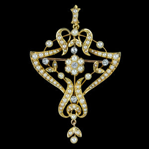 Antique Victorian Pearl Diamond Pendant Brooch 15ct Gold