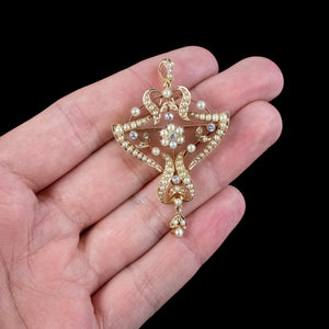  Antique Victorian Pearl Diamond Pendant Brooch 15ct Gold