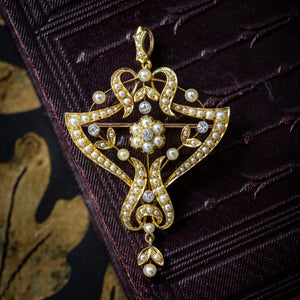 Antique Victorian Pearl Diamond Pendant Brooch 15ct Gold