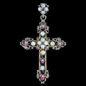 Antique Victorian Austro-Hungarian Pearl Garnet Cross Pendant