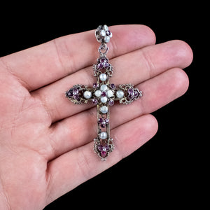 Antique Victorian Austro-Hungarian Pearl Garnet Cross Pendant