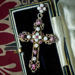 Antique Victorian Austro-Hungarian Pearl Garnet Cross Pendant