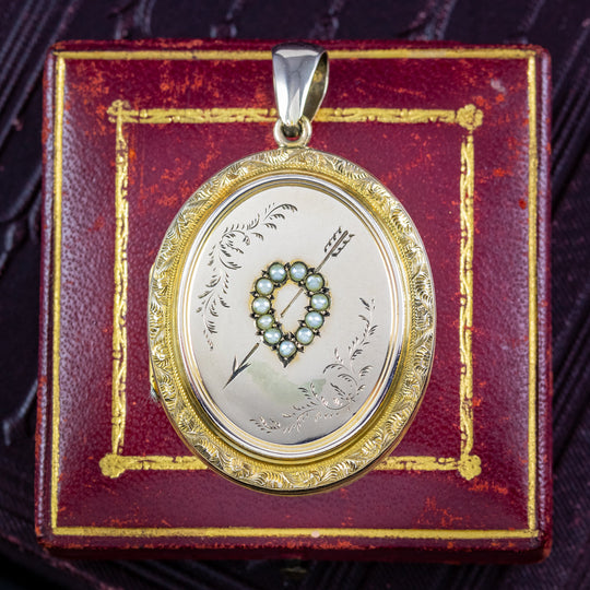 Antique Victorian Pearl Heart And Arrow Locket 15ct Gold