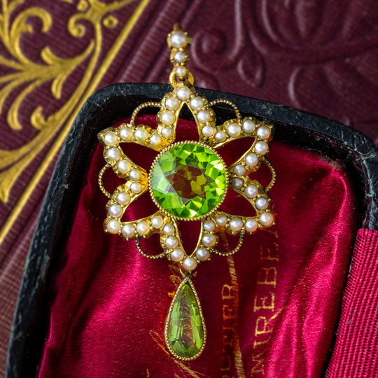 Antique Victorian Peridot Pearl Flower Pendant 15ct Gold