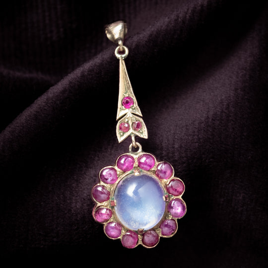 Antique Victorian Ruby Moonstone Flower Pendant 15ct Gold 3.5ct Moonstone