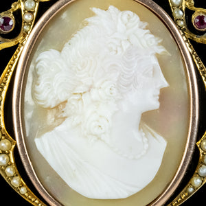 Antique Victorian Ruby Pearl Cameo Pendant 15ct Gold