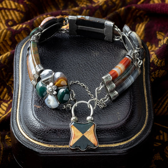 Antique Victorian Scottish Agate Bracelet Silver With Padlock