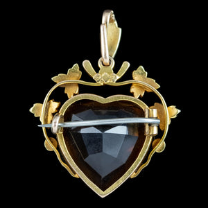 Antique Victorian Smoky Quartz Pearl Heart Pendant 15ct Gold 16ct Quartz