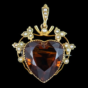 Antique Victorian Smoky Quartz Pearl Heart Pendant 15ct Gold 16ct Quartz