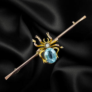 Antique Victorian Spider Bar Brooch Blue Topaz Pearl 9ct Gold