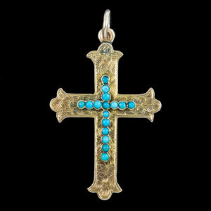 Antique Victorian Turquoise Cross Pendant 18ct Gold