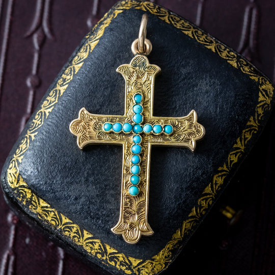 Antique Victorian Turquoise Cross Pendant 18ct Gold